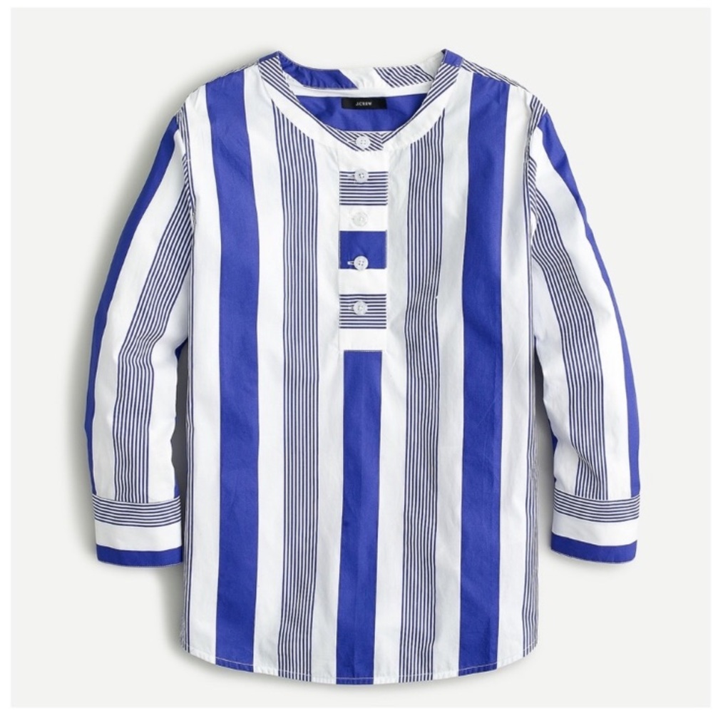 New J. Crew Cotton Poplin Tunic Top Striped Button Front Nautical Beach Coastal